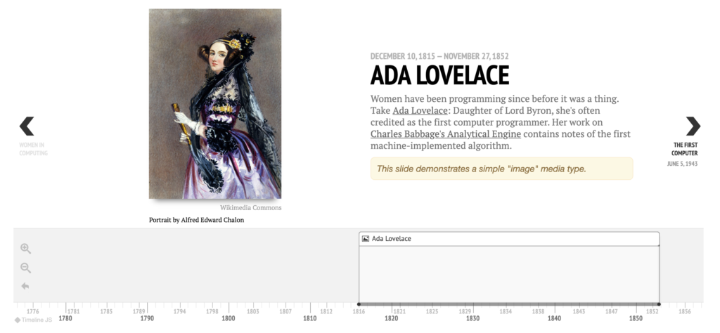 Screenshot of the Timeline JS timeline for Ada Lovelace.